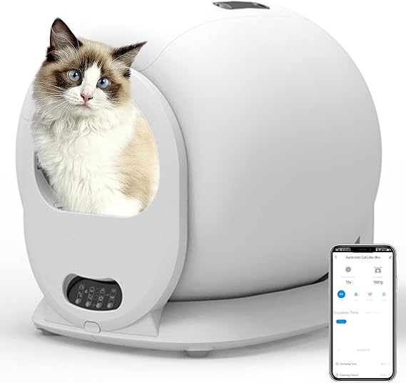 Self Cleaning Cat Litter Box, Scoop Free Automatic Cat Litter Box Extra Large Litter Box for Multiple Cats, Smell Removal Anti Pinch Kitty Litter Box, Smart APP Control