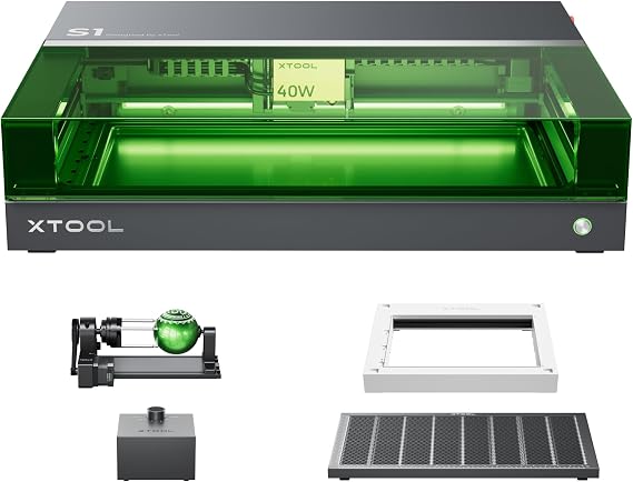 xTool S1 40W Basic Bundle with White Riser Base & RA2 Pro, Auto Focus, Enclosed Cutter and Engraver Machine for Metal, Leather