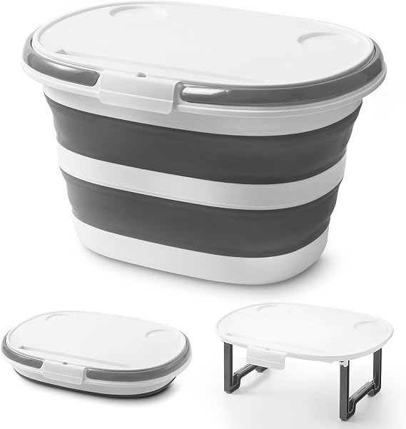 Upgraded 16L Collapsible Mop Bucket with Multi-Functional Lid, 4-in-1 Foldable Silicone Tub with Table Surface, Floor Stand, Space Saving 4.2 Gallon Storage Solution for Home & Outdoor