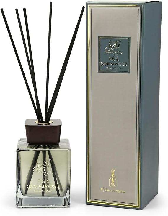 Luxury Reed Diffuser 500ml, Fig & Sandalwood Room Diffusers, Long Lasting Air Fresheners Home Fragrance, Square Glass Bottle with Black Diffuser Reeds for Home, Office, Kitchen & Bathroom