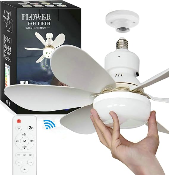 HFAN Ceiling Fans with Lights, E27 40W 20.5inch Small Ceiling Fan with Light RC Timing, 3 Speeds 3 Colors (3000-6500K) LED Ceiling Light, Modern Fan Lamp for Bedroom Living Room [Energy Class A]