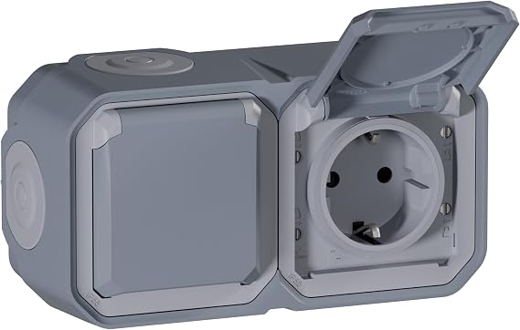 Legrand - Double Socket 2P+T 16A with side ground contact - Plexus - Waterproof IP55 - Surface Mount - Grey - 069742LE