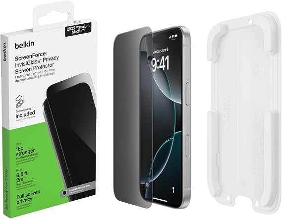 Belkin ScreenForce InvisiGlass iPhone 17 Pro Privacy Screen Protector, Scratch-Resistant Impact Protection, Easy Align Tray for Bubble Free Application Included, 9H Hardness Tested Recycled Glass