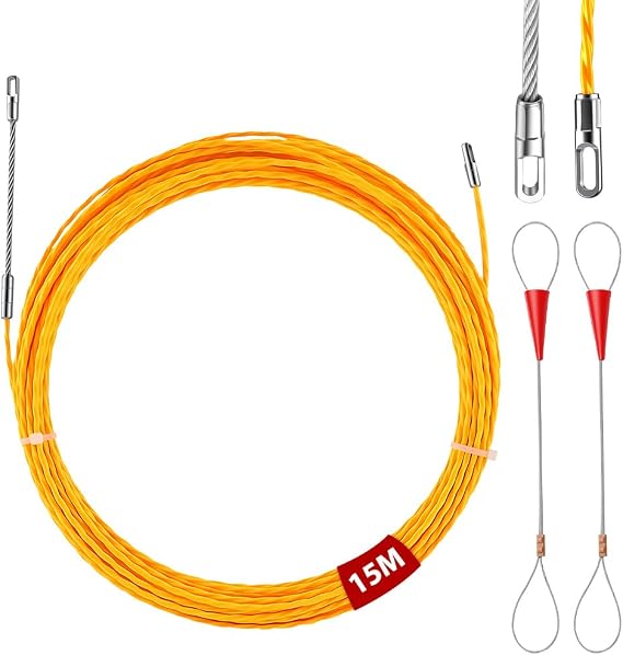 Fish Tape 15m, Fish Tape Cable Puller 3.0mm, Cable Pullers for Electrical Cables, Retractable Draw Wire with Pull-Out Aid Plus 2 Guide Springs for Electric Equipment Wiring