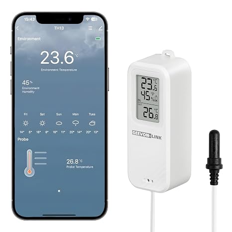 WiFi Refrigerator Thermometer Hygrometer with Alarm, Freezer Temperature with Probe, Wireless Digital Fridge Thermometer Humidity Sensor, Free Data Export for Home Kitchen Fridge Tub (1)