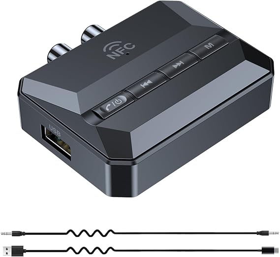 5.3 Bluetooth Receiver for Home Stereo, Bluetooth to RCA Adapter, AUX Adapter, RCA Audio Adapter with NFC Function, Support USB Drive and TF Card Music Playback.