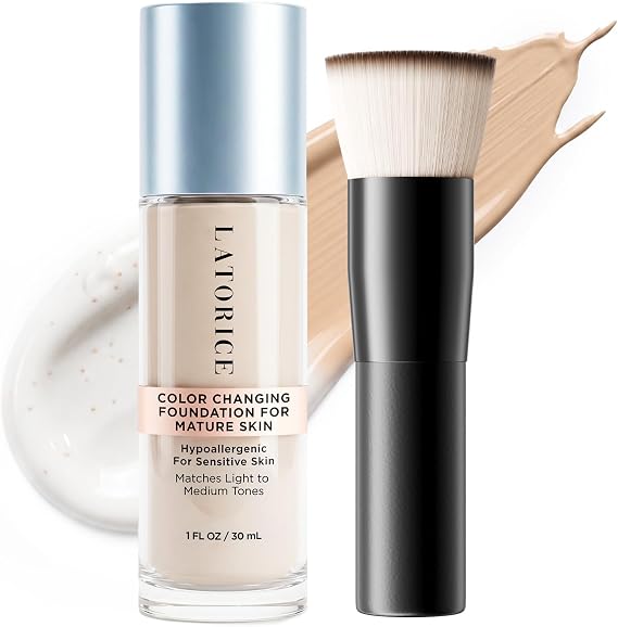 Color Changing Foundation with Professional Brush for Mature Skin - Adapts to Your Skin Tone - Buildable Light-to-Medium Coverage - No Settling into Lines - 1 FL OZ / 30 ML