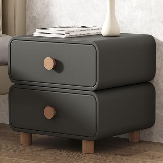 Bedside Cabinet, Modern Minimalist 2 Drawer Nightstand Solid Wood Bedside Table with Rounded Corner Leather Storage Cabinet for Living Room or Bedroom Small Side Table in Dark Gray Color