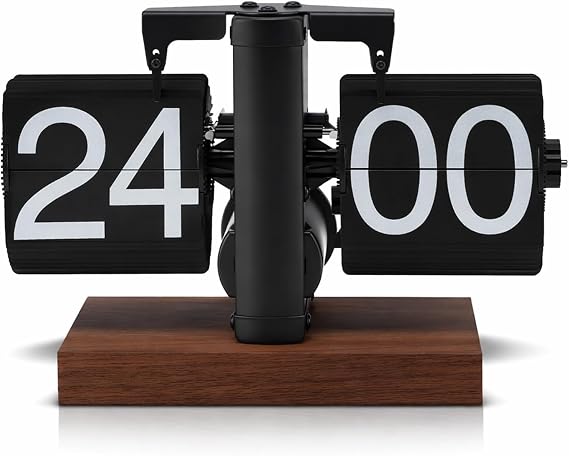 Retro Digital Flip Down Clock, Flip Desk Clock Vintage 24 Hours Mechanical Digital Automatic Turning Anti Slip Wood Base for Home Office