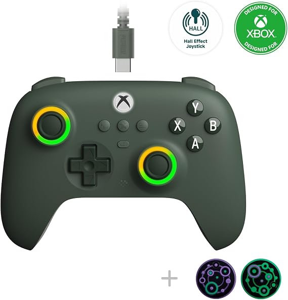 8Bitdo Ultimate C Hall Effect Joysticks/Hall Trigger Wired Controller with RGB Lighting Fire Ring, 3.5mm Audio Jack for Xbox Series X|S, Xbox One, Windows 10/11 - Officially Licensed (Dark Green)