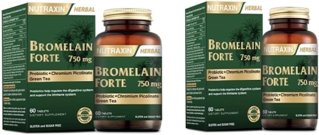 Nutraxin Bromelain Forte 750 mg, 60 Tablet, 2 Kutu, Probiyotik ve Krom Pikolinat İçeren