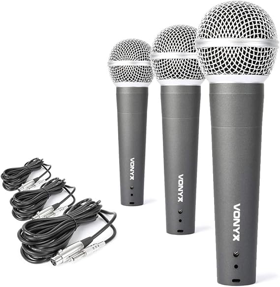 VONYX DM58 Dynamic Vocal Microphone Set of 3 with 5 Metre Cables, Cardioid Wired XLR Mics for Karaoke, Live Singing, Presentations, Band Practice and Speech