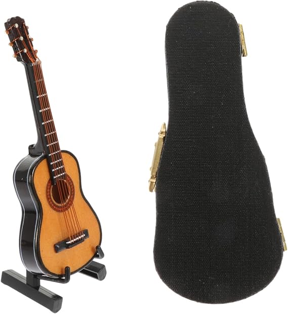 Miniature Guitar Figurine 10cm Folk Model with Case and Stand
