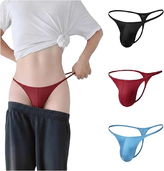 Mens Nylon G-String Sexy Thongs Low-Rise Black/Black/Black 3 Pcs