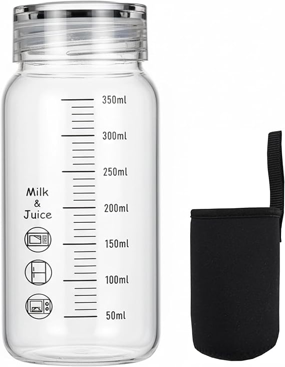 350ml Clear Glass Water Bottle with Measurement Markings, Leak-Proof Lid & Insulated Sleeve, Microwave Safe Travel Coffee Cup
