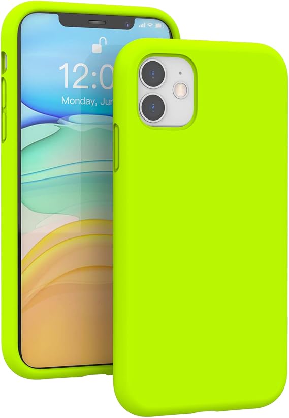 Compatible with iPhone 11 Case (6.1"), [Drop Protection] [Anti-Scratch] Shockproof Liquid Silicone Anti-Fingerprint Cover with Microfiber Lining Phone Case, Fluorescent Green
