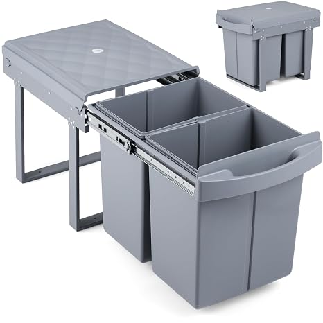 TANGZON 40L Kitchen Pull Out Bin, 2x20L Under Sink Bin with 2 Removable Compartments & Sliding Buffer, Recycling Waste Bins for Cupboard Cabinets 35cm or Wider