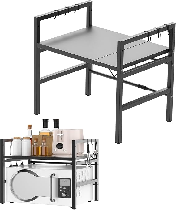 AUTOFU Expandable Microwave Shelf, 2 Tier Microwave oven Rack Stand Storage Holder Kitchen Corner Shelf Desktop Printer Shelf Rack, Bakers Rack, Holds 25kg (Black)