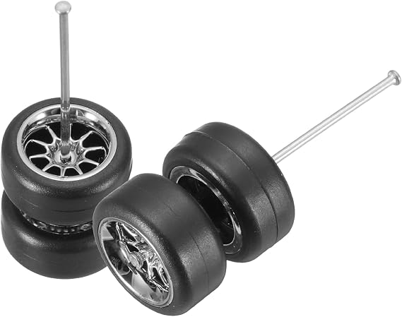 sourcing map 2 Set 1/64 Wheels and Tires Set, Real Riders Rims Includes Axles for RC Diecast Car DIY Model, 5-Star Silver Rims