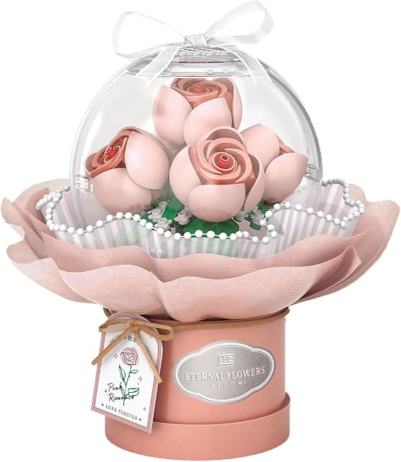 Ebedi Çiçekler Gül Yapı Seti LED Işıklı - Mini Tuğlalar Romantik Gül Buketi Hediye Kubbe Ekranında - Sevgililer Günü, Yıl Dönümü, Düğün ve Ev Dekoru (Pembe)