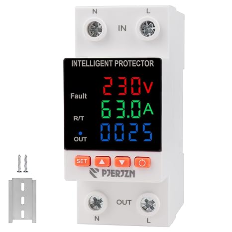 230V 63A Smart Voltage Protector - Adjustable Over/Under Voltage Stabilizer with KWh Energy Meter & Triple LED Display for Home Electrical Protection