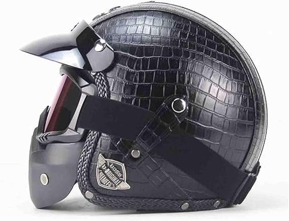Pu Leather Helmets Motorcycle Chopper Bike Helmet Open Face Vintage Motorcycle Helmet Goggle Mask Full Face Helmet Motorbike black,M