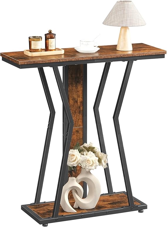 HOOBRO Slim Console Table for Hallway, 75 cm Narrow Hallway Table with Storage, 2-Tier Behind Sofa Table, Modern Style, for Living Room, Entryway, Foyer, Bedroom, Rustic Brown and Black EBF66XG01