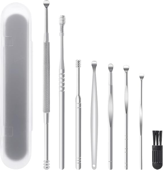 8 PCS Ear Cleansing Tool Set Stainless Steel Earwax Removal Tools Ear Wax Removal kit with a Cleaning Brush and Storage Box (Silver)