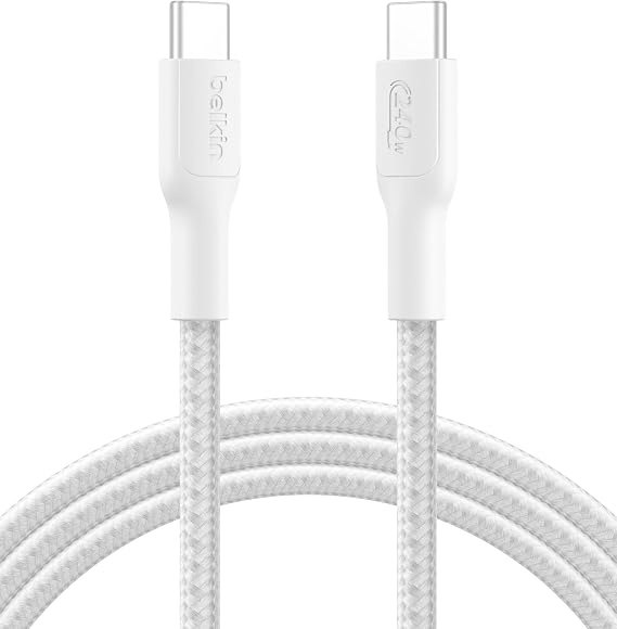 Belkin Eco Braided USB-C to USB-C Cable (2M, 240W) - Soft, Flexible Fast-Charging Cable, Type C Charger Cord for iPhone 16, Galaxy S25, Pixel 9, MacBook, iPad Pro, More - White (USB 2.0)