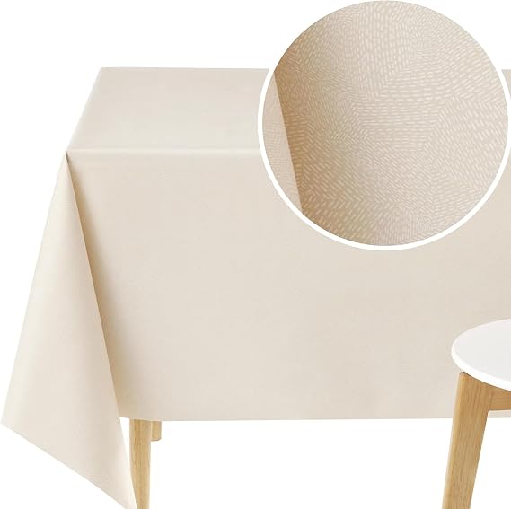 KP HOME Waterproof PVC Tablecloth - Square Oilcloth 55 X 55 in | 140 X 140 cm - Modern Dash Lines Table Clothes Wipe Clean - Vinyl Dinning Wipeable Plastic Table Cover in Cream Beige