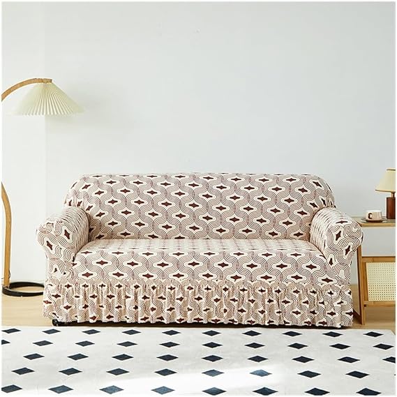 Geometric Printed Sofa Cover Slipcover With Ruffled Skirt, Stretch Couch Covers Easy Fit Washable Furniture Cover Sofa Bed Cover For Chair Loveseat Sectional Sofa(Grey,4 seaters (235-290cm))