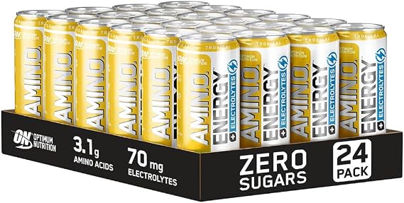 Optimum Nutrition Essential Amino Energy + Electrolytes, Ready to Drink Sugar Free EAA Energy Drink with Electrolytes and Caffeine, Workout Supplement for Men and Women, Tropical, 24x250 ml