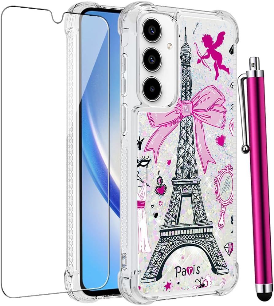 Samsung Galaxy A36 5G スマホケース スクリーンプロテクター付き、Galaxy A56 5G ケース、キラキラ光る液体 フローティング かわいい 女性 ガールズ スリム TPU ソフト 耐衝撃保護カバー - ピンク