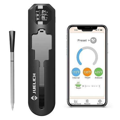 Smart Wireless Meat Thermometer, Bluetooth Digital Food Probe, 250m Range, Internal & Ambient Temp, Ideal for Oven, Grill, Kitchen, BBQ, Smoker, Air Fryer, Sous Vide, Black
