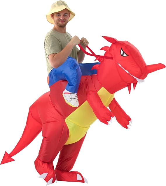 YEAHBBER インフレータブルコスチューム 恐竜コスチューム、インフレータブル恐竜コスチューム、T-Rex ファンシードレス ハロウィンブローアップコスチューム, 大人-赤い恐竜, One Size
