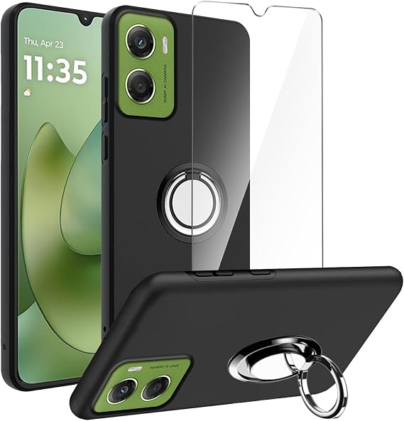 Case for Motorola Moto G06 4G (6.88 Inches) Black Case + Rotating Ring Holder + Tempered Glass Screen Protector