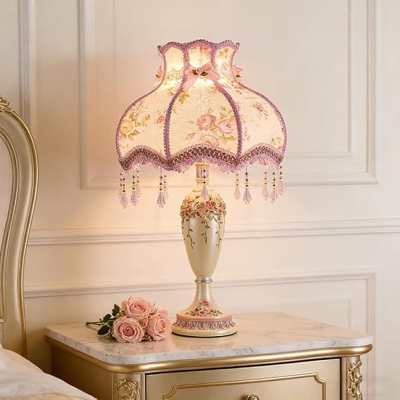 Table Lamp White Fabric Shade Pink Table Lamp European Style Princess Victorian Style Fabric Bedside Lamp Ball Table Lamp for Living Room Bedroom [Energy Class F]