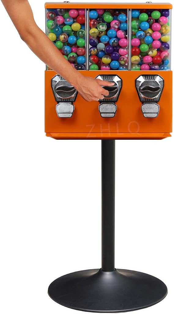 Candy Vending Machine for Business and Home - Triple Coin Operated Vending Machine Using Quarters / 1 EUR - Commercial Triple Individual Candy Gumball Machine with Stand,Orange-0.4in*2+1to1.37in