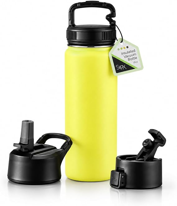 SipX™ Üçlü Yalıtımlı Paslanmaz Çelik Su Şişesi 18 oz. 3 Kapaklı, BPA İçermeyen Yeniden Kullanılabilir Yalıtımlı Su Şişesi 24 Saat Soğuk Tutar, Yürüyüş ve Bisiklet için Sürdürülebilir Malzemeden