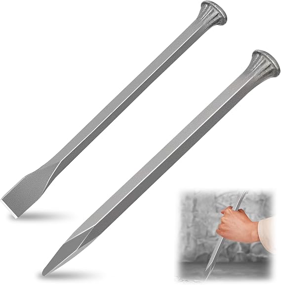 Cold Chisel Set, 2 Piece Set Flat and Pointed Chisels Heavy Duty Concrete Brick Rock Cold Steel Chisel for Tile Masonry Brick Wall Granite Concrete