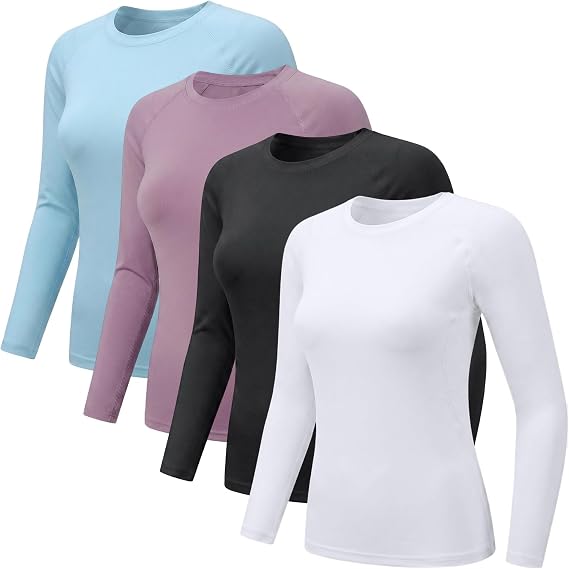 NuCamper 4 Pack Thermal Tops Womens Long Sleeve Shirt Round Neck Soft Thermal Underwear Breathable Compression Base Layer Shirts Casual Slim Fitted Lightweight Ladies Thermals T Shirt for Running