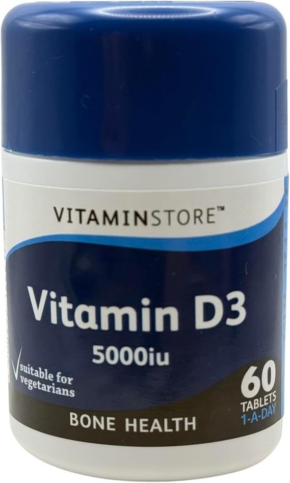 Vitamin Store High Strength Vitamin D3 5000 IU Tablets, 60 Count, GMP Certified Supplement, Supports Immune System Function, Bone Health, Teeth Maintenance and Muscle Function