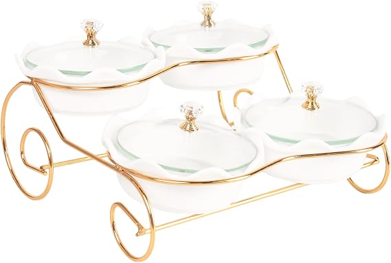 Ceramic Serving Bowls with lid Metal Dishes, 4 Removable Small Bowls Relish Tray Nuts Dishes for Snack, Fruits, Sugar, Candies - for Parties, Party, Gift, Layered - 4 Snack Bowls