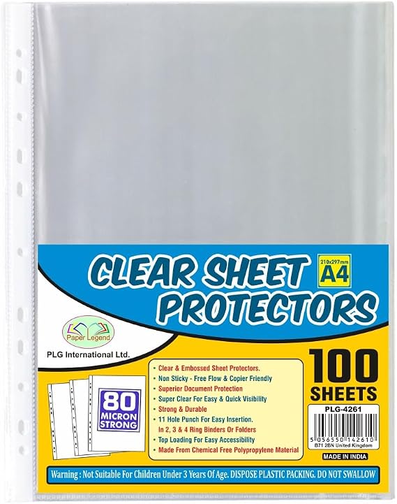 200 x Extra Strong Clear A4 Punched Pockets Filing Folders 80 Micron Sheet Protector Poly Wallet Document File Binder Poly Pockets for Home School Office