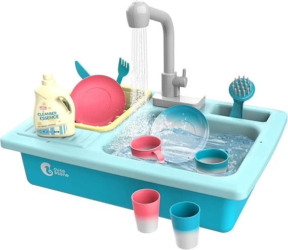 cute stone Kitchen Sink Toys, Heat Sensitive Electric Dishwasher Playing Toy with Warm Running Water, Automatic Water Cycle System Play House Pretend Role Play Toys for Girls Boys
