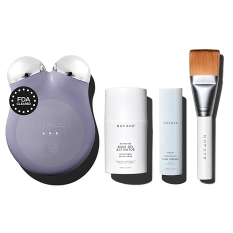 NuFACE MINI+ Microcurrent Facial Device Kit FDA Approved Microcurrent Device for Skin Tightening Contouring Lifting and Toning - Includes Gel Activator Silk Cream & Applicator Brush - Purple