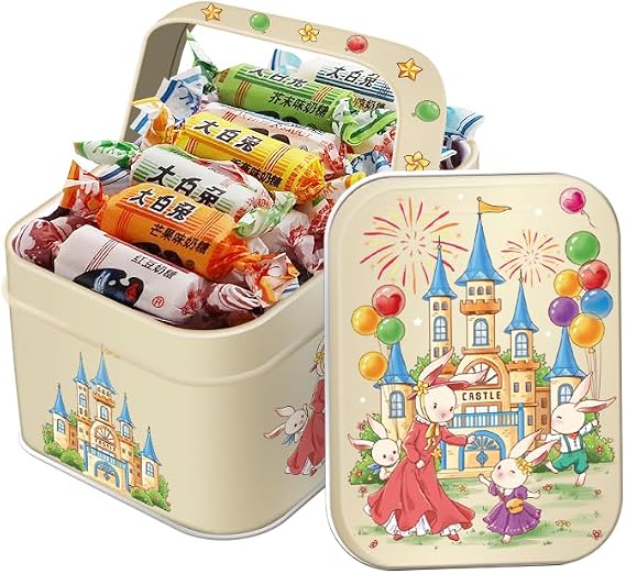 White Rabbit Milk Candy, Chinese classic milk sugar, toffee, mixed fruit flavored gummies, instant fudge, sweet sugar, Valentine's Day gift box, wedding candy, Dim sum (Assorted flavors,115g*1 can)
