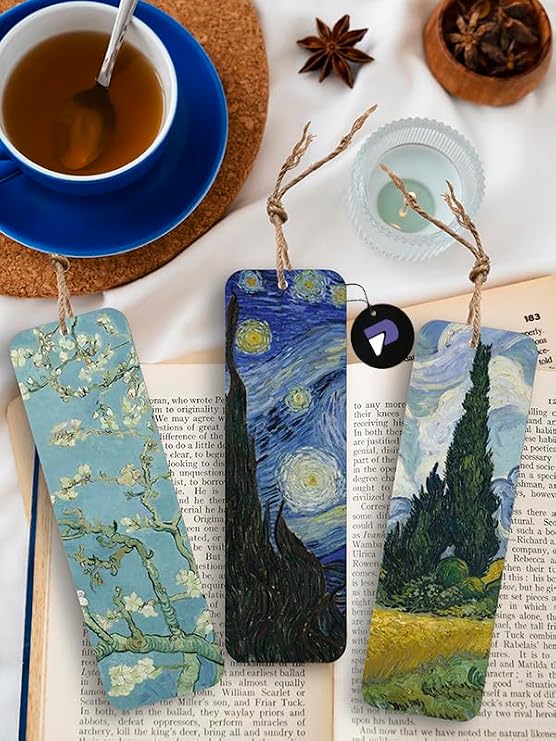 Van Gogh Metal Kitap Ayracı Seti - Üçlü Sanatsal Tasarım - Yıldızlı Gece, Badem Ağacı, Selviler - Kitap Severler ve Sanatseverler İçin Hediye
