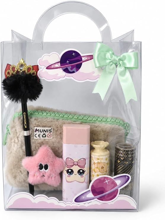 Sevimli Yıldız Temalı Kırtasiye Seti/Peluş Kalem Kutusu, HB Kalem, Silgi, Washi Bantlar, Kalemtıraş (Krem - Yeşil)