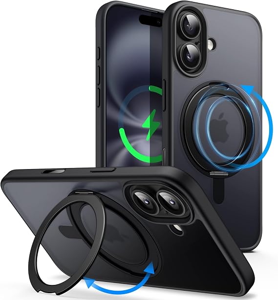 JETech 360° Rotatable Ring Stand Case for iPhone 16, Black